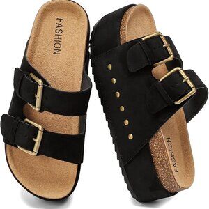 Women's Cork Platform Sandals Wide Fit Chunky Wedge Summer Beach Slides